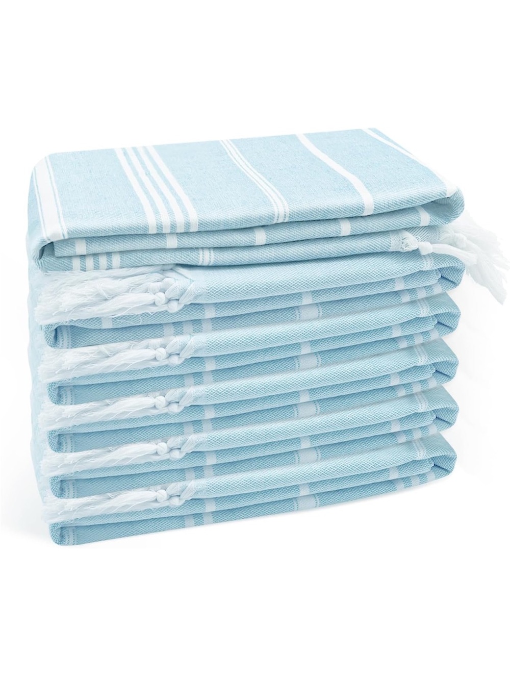 Light Blue Striped Turkish Cotton Hand Towels - Set of 6